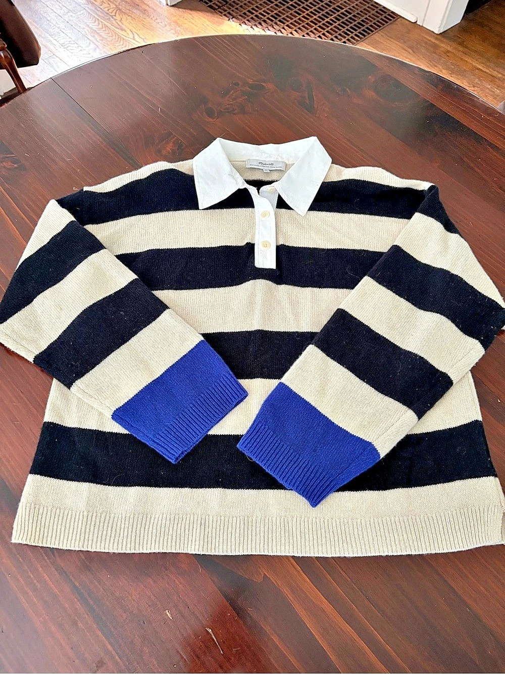 Madewell Rugby Stripe Wool Polo Sweater Black & Cream